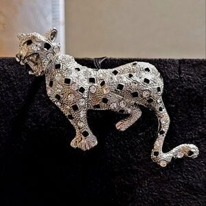 Panthere White Crystal Black Lacquer Brooch. Copied From the Cartier Collection